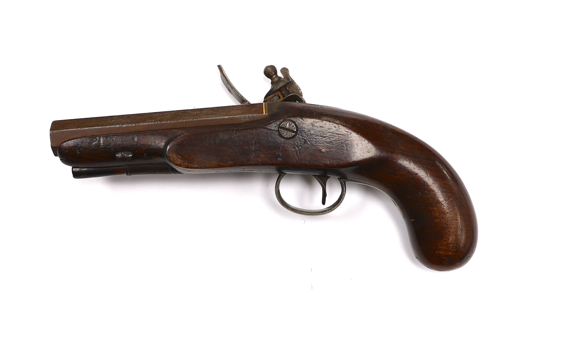 A flintlock overcoat pistol c.1820, octagonal barrel with gold inlaid breach line and engraved trigger guard, barrel 11.3cm